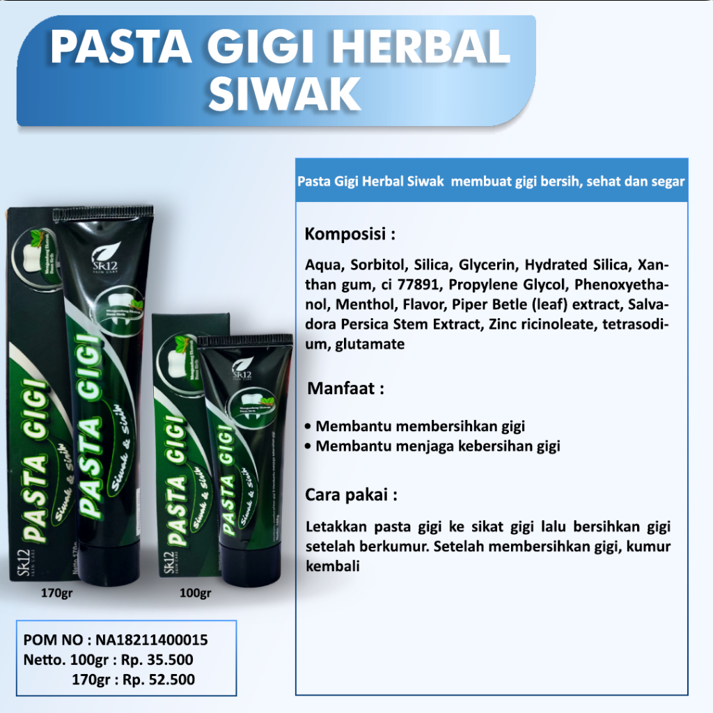 Pasta gigi siwak Sr12 Mencegah gigi berlubang Merawat gigi Membersihkan gigi Mengatasi bau mulut 170gr Bpom Saudagarsr12