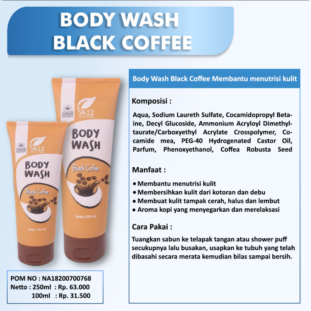 Body wash Sr12 Sabun mandi cair Mencerahkan Mengangkat sel kulit mati Kotoran Menyegarkan kulit tubuh Menghaluskan 100ml Bpom Saudagarsr12