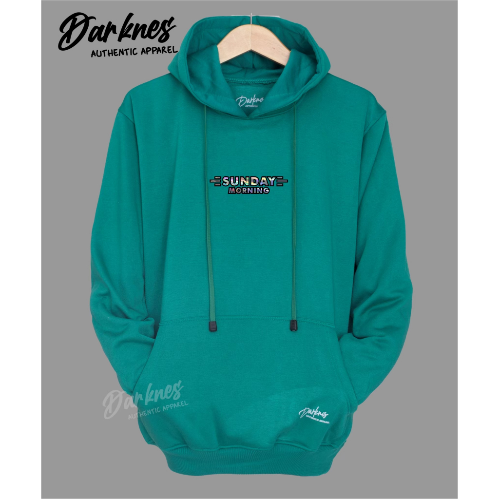 sweater hoodie unisex brand lokal darkness apparel bahan  tebal katun flace warna tosca sablon sunday morning hologram suiter size jumbo M XXL higt quality cod seluruh indonesia style kekinian