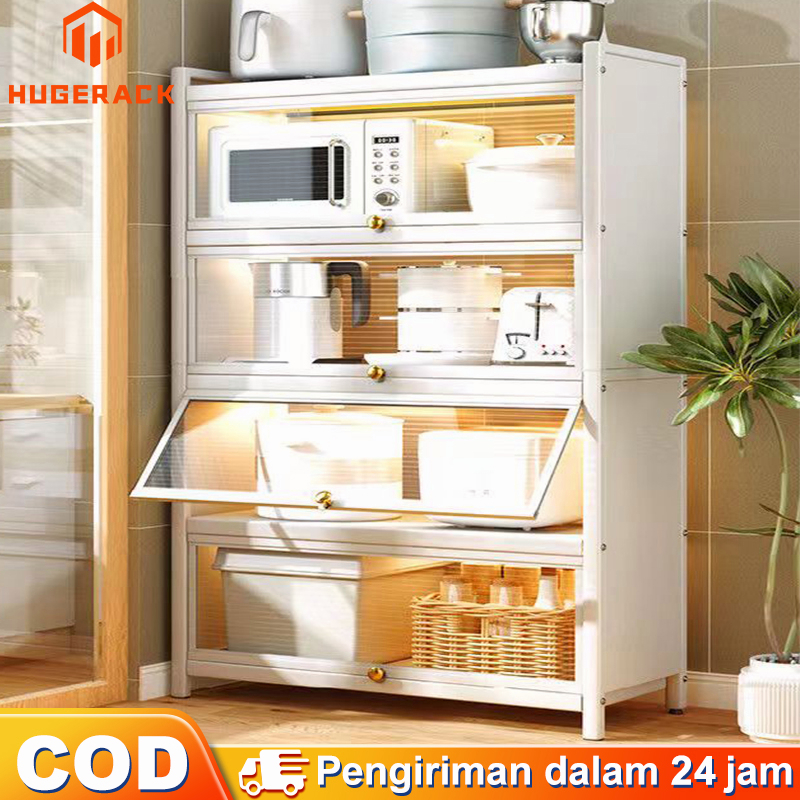 Rak dapur Lemari Piring Multi-layer Lemari Dapur berdiri di lantai dengan Rak Penyimpanan Kabinet Pintu Rak Oven Microwave