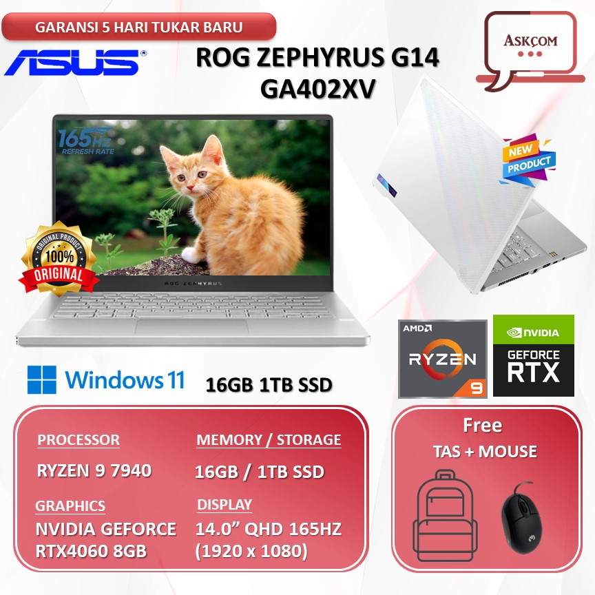 Laptop Gaming Asus Rog Zephyrus G14 GA402XV RTX4060 8GB RYZEN 9 7940 16GB 1TBSSD W11 14.0QHD IPS 165HZ