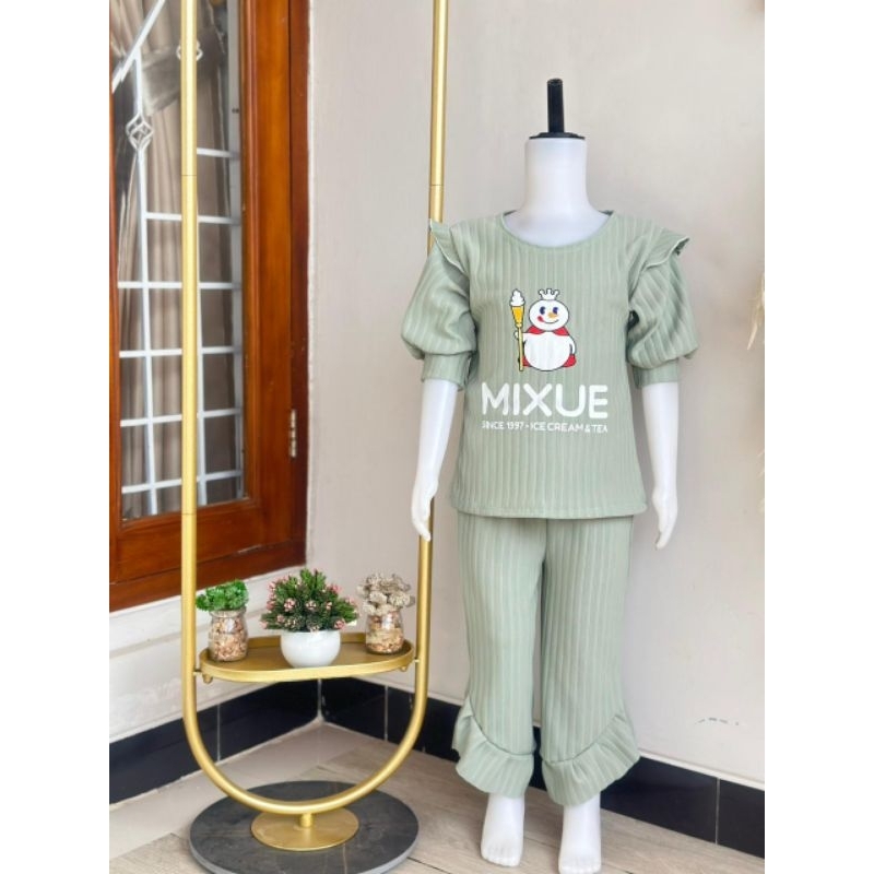 setcel RUFFLE MIXUE anak ( TOP 1 ) *COD* / setcel baju HORNET DIOR anak / baju anak viral / setelan rempel kekinian / setelan celana ruffle