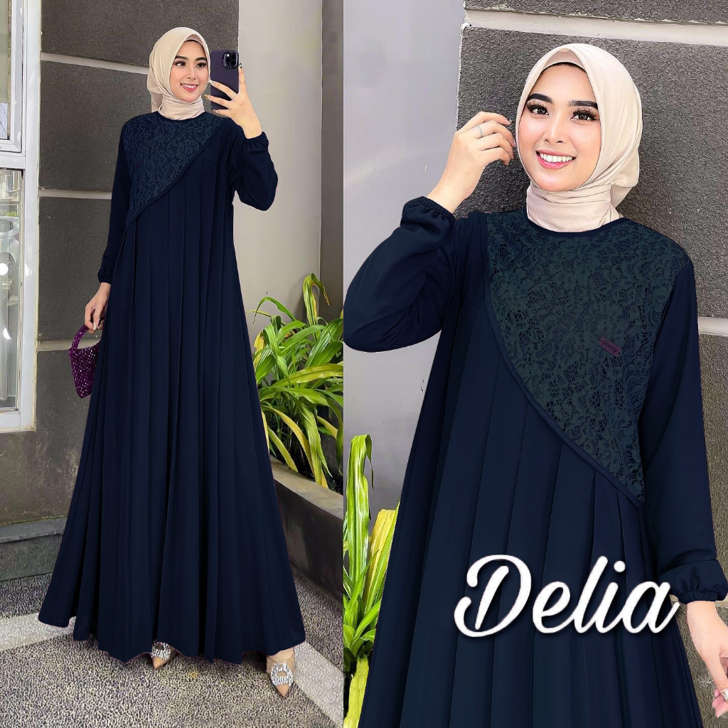 Dress Gamis Kondangan Terbaru Delia Dress Bahan Ceruti Babydoll Premium Mix Brukat LD 130 140