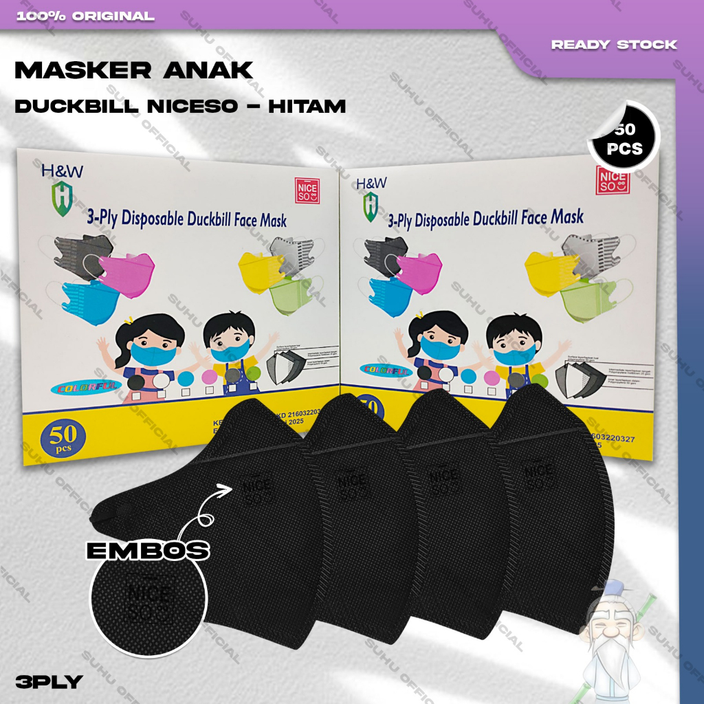 Masker Anak Duckbil NICESO 3Ply isi 50Pcs Warna Hitam Black Duckbill Kids 3 Ply Earloop Kemenkes