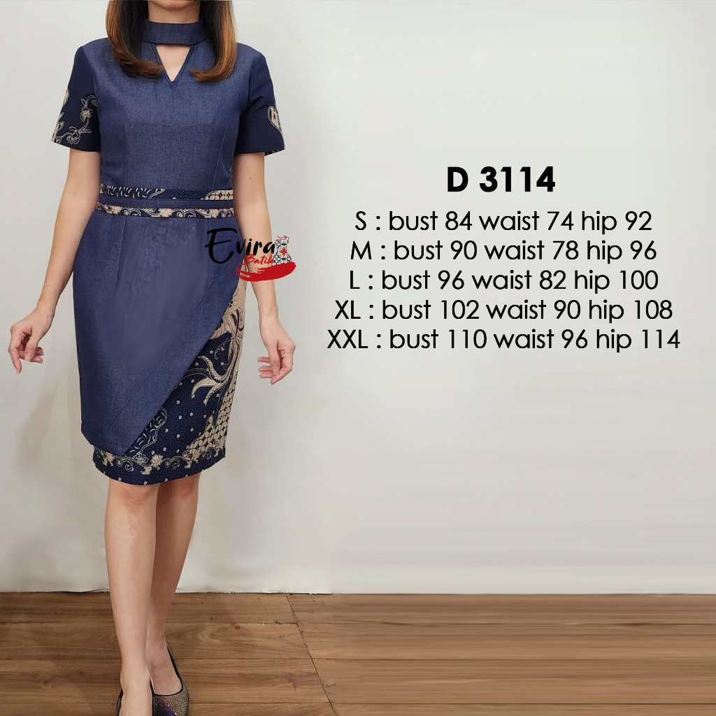 Dress Batik Denim Wanita Modern D 3114 / Dress Batik Denim Keren / Set Family / Set Couple / Dress B