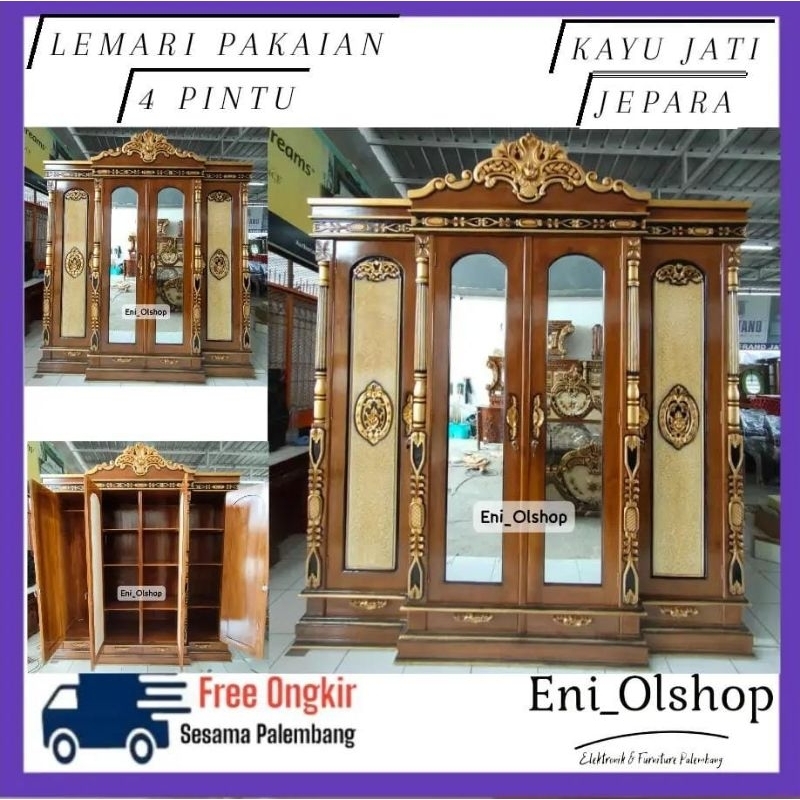 LEMARI PAKAIAN 4 PINTU, KAYU JATI JEPARA, PALEMBANG