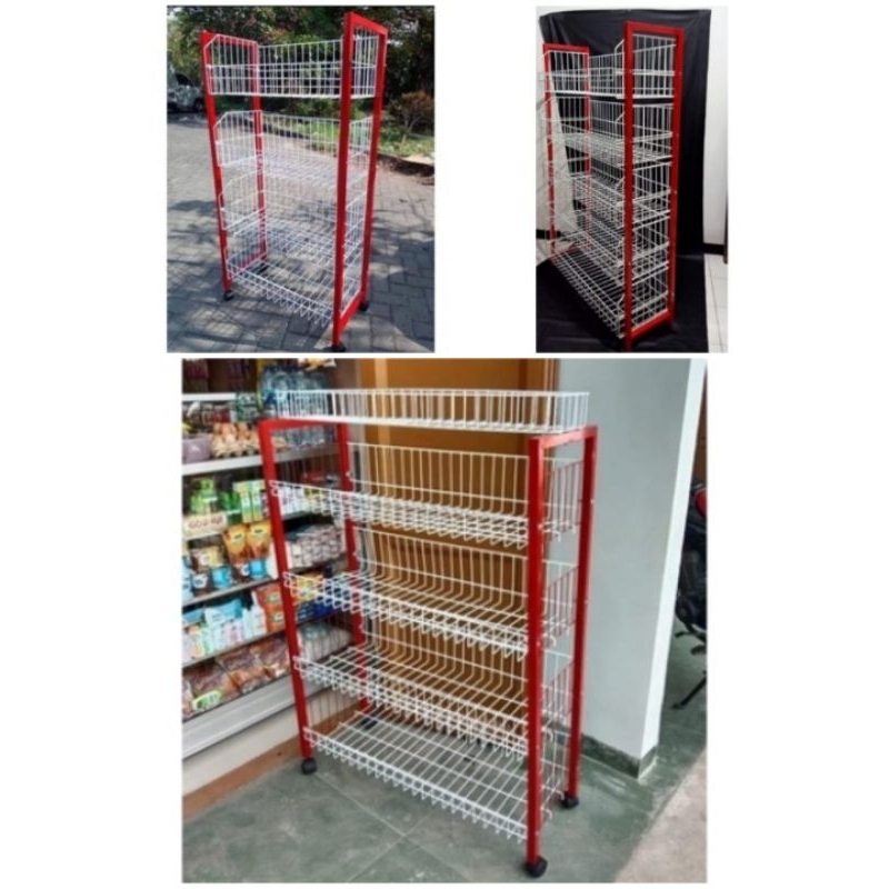 Rak ciki Besi / Rak serbaguna Mini Market / Rak display Roda Susun 4 tebal Merah