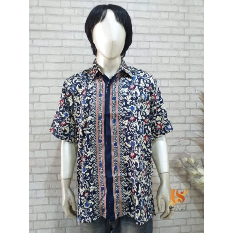 KEMAJA BATIK LENGAN PENDEK PRIA | motif bunga navy