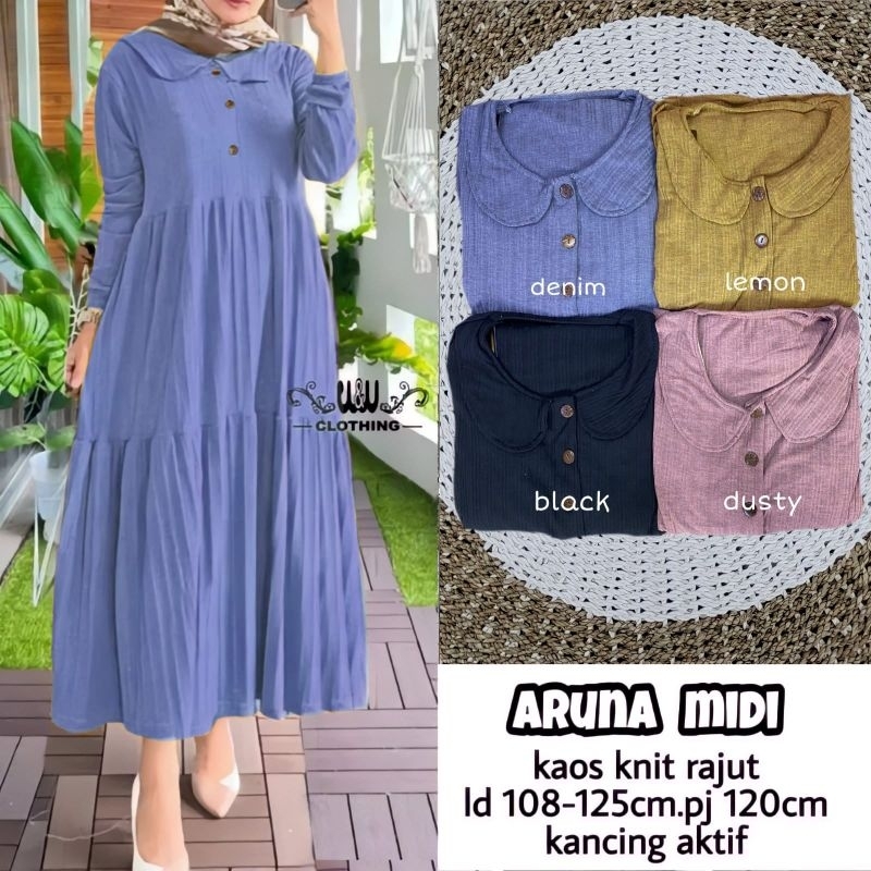 Gamis midi kasual trendy knite rajut aruna midi LD 108 bahan kaos knite rajut