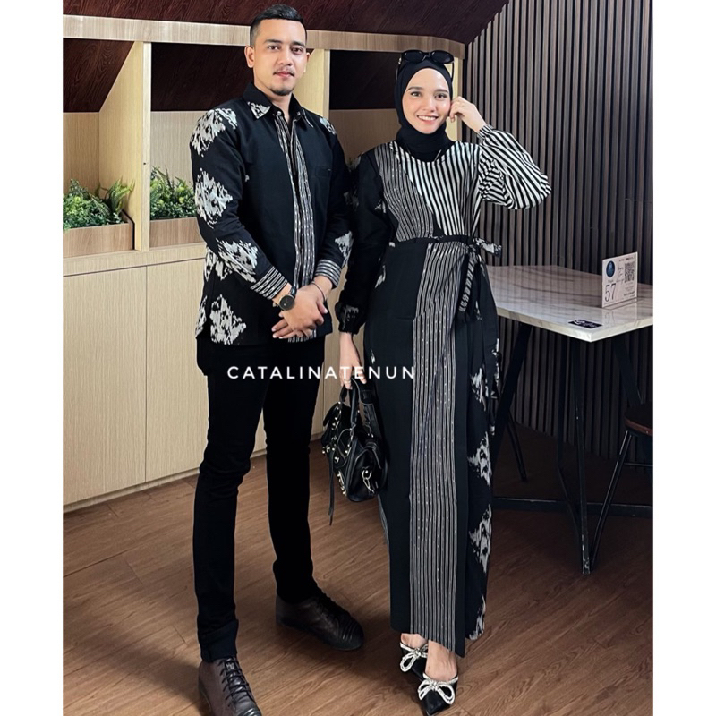 (READY STOCK) BAJU TENUN COUPLE  RALINE DRESS X KEMEJA BLACK - DRESS WANITA - KEMEJA TENUN PRIA