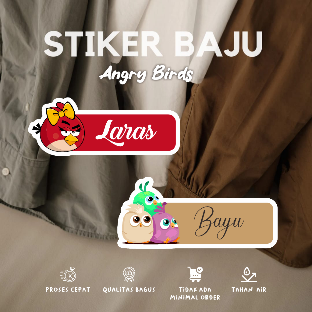

(30-40pcs)proses cepat sablon/Stiker Kain Label Baju Nama Anak tema ANGRY BIRDS/ Sablon Setrika Name /Label Sticker Iron on sticker a/ Kain