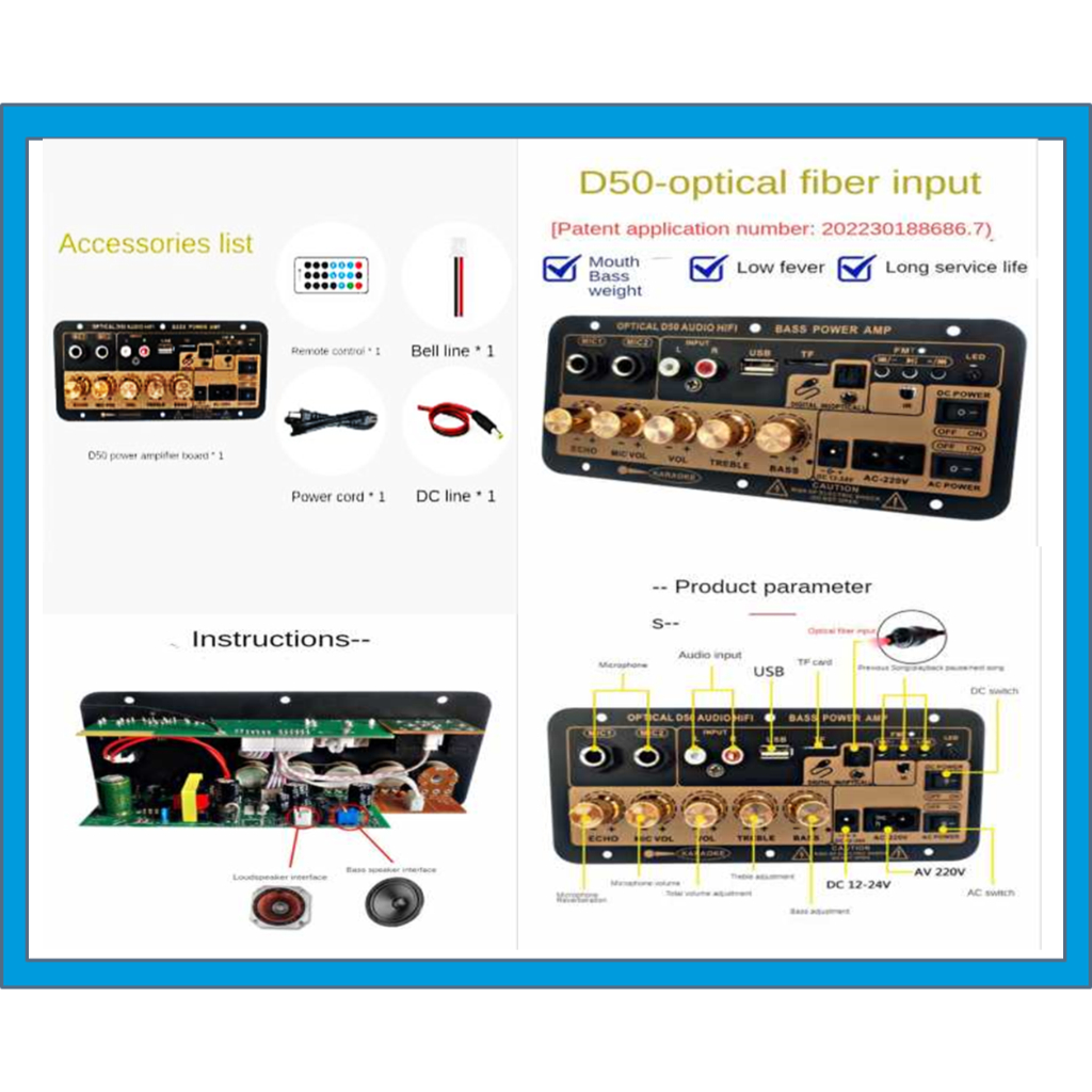 SPEAKER Amplifier Board Audio Bluetooth USB FM Radio TF Player Subwoofer  Amplifier Karaoke D50