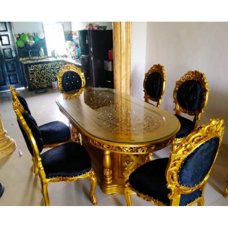 meja makan ukir salina kursi:6+kaca meja