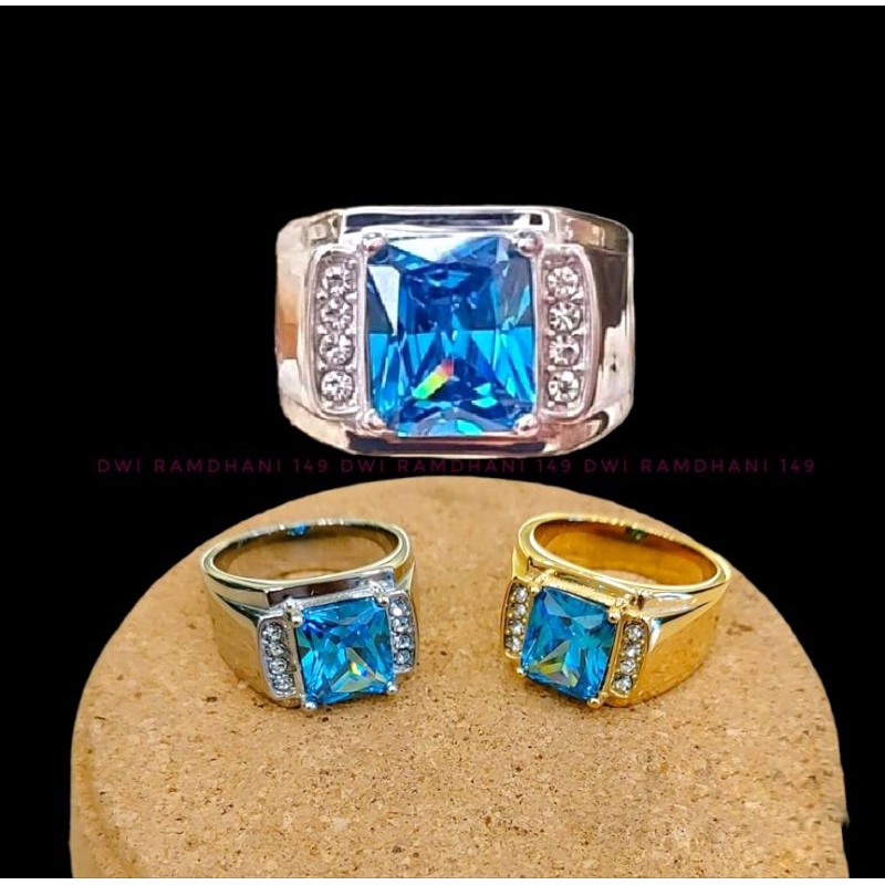 Cincin Titanium Pria Batu Topaz blue
