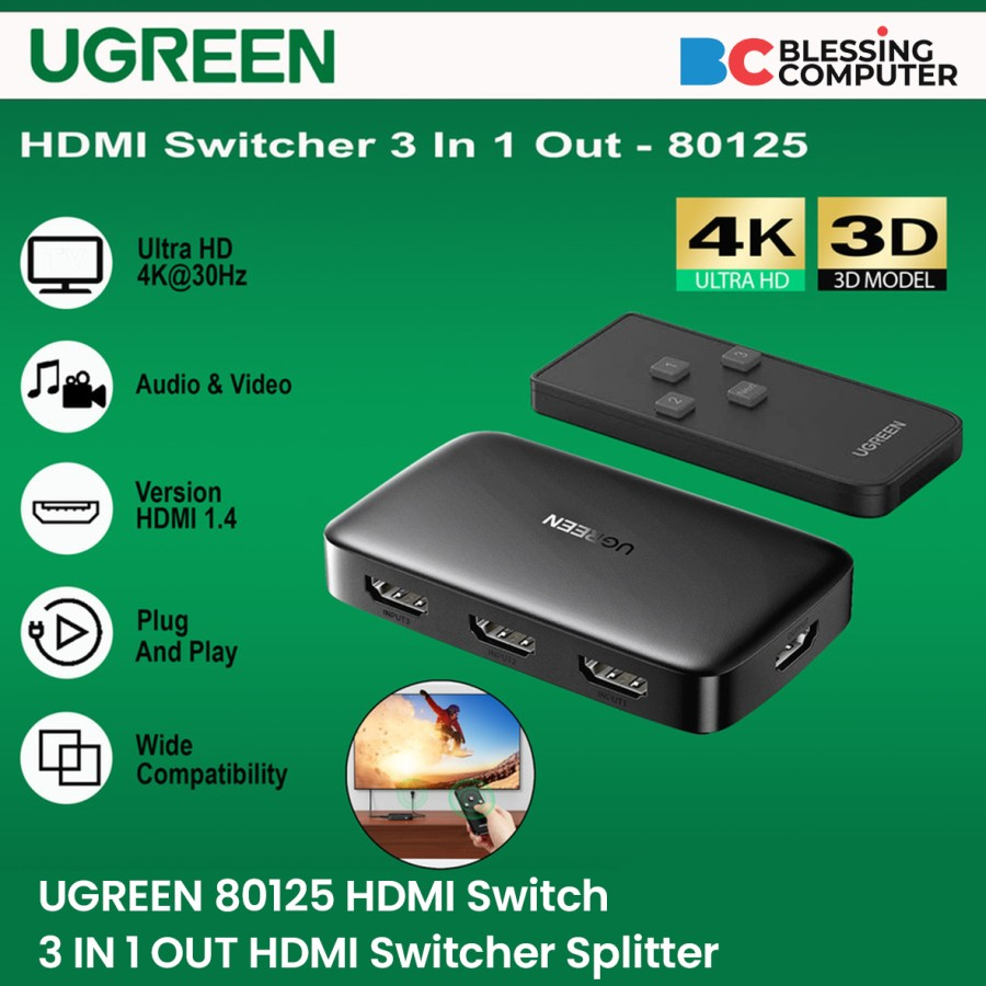 UGREEN 80125 HDMI Switch 3 IN 1 OUT HDMI Switcher Splitter