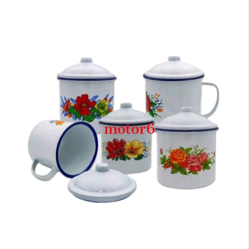 mug enamel kembang tutup seng 12cm,cangkir seng motif bunga