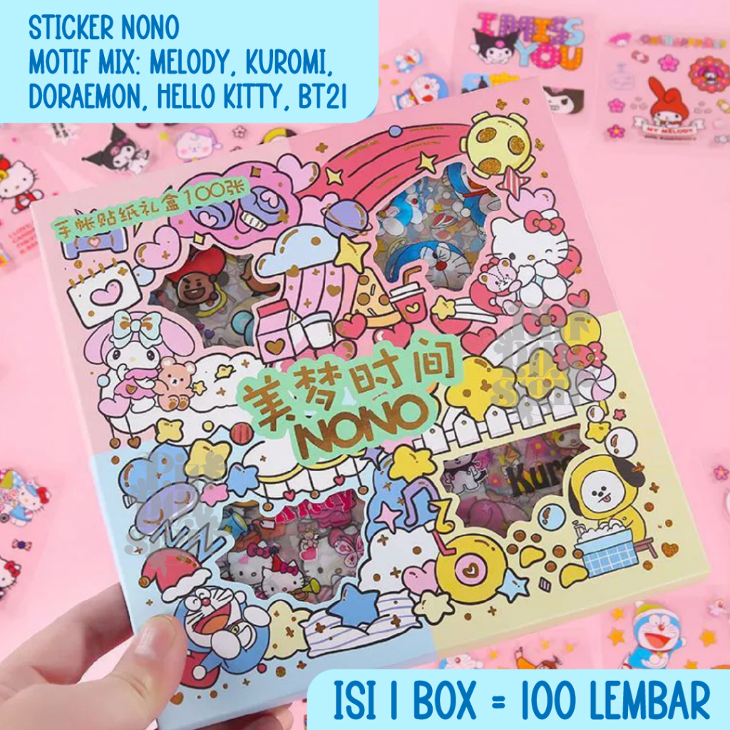 

Sticker Nono Mix karakter BTS Doraemon Hello Kitty Kuromi Sanrio Isi 100 pcs Per Box Besar dan Mini