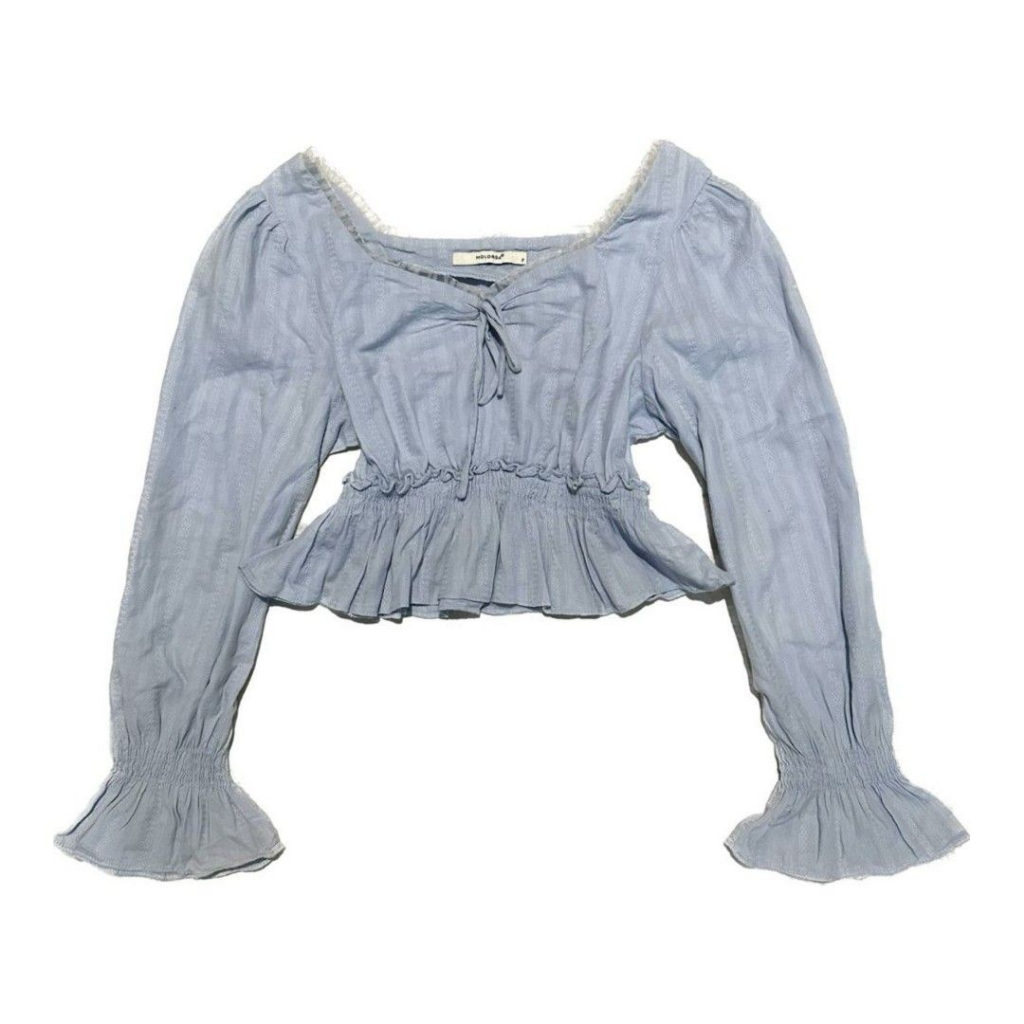 Eyelet Scruched Crop Top Puffy Fairycore Longsleeve | Flare sleeves Baby blue croptop atasan blouse 