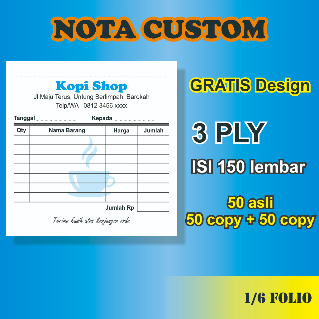 

Nota Custom 1/6 Folio 3 PLY Cetak Custom Nota Laundry Toko Warung Kantor Cafe