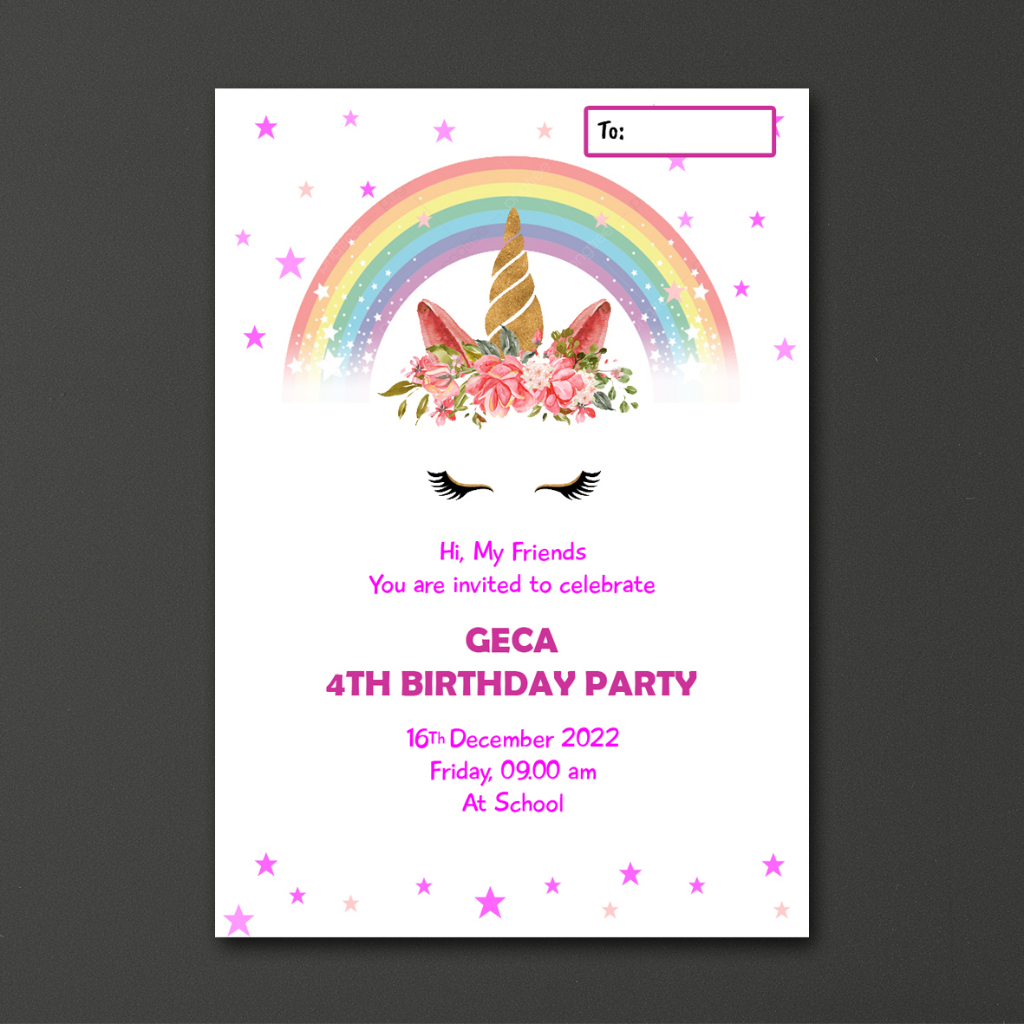 Cetak undangan ulang tahun unicorn flat desain / undangan ultah anak perempuan / undangan ulang tahu
