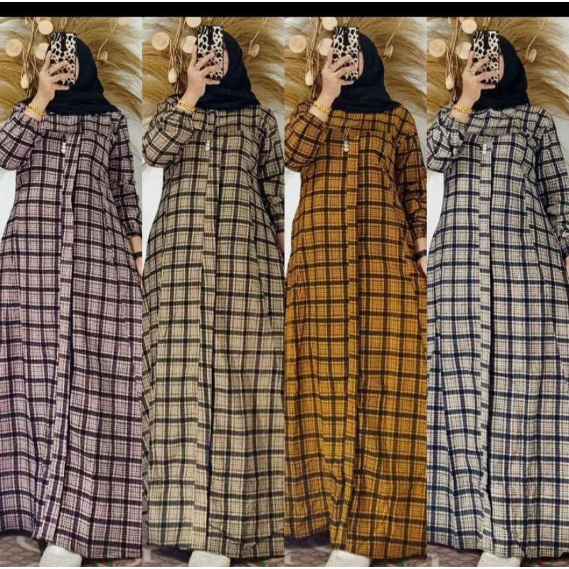 gamis kotak kotak bahan linen