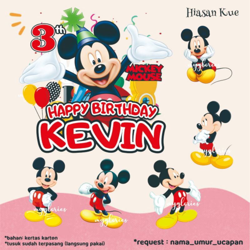 Topper Cake Pakai Nama Umur karakter MICKEY MOUSE MINNIE MOUSE - Hiasan Kue Mickey Minnie - Topper C