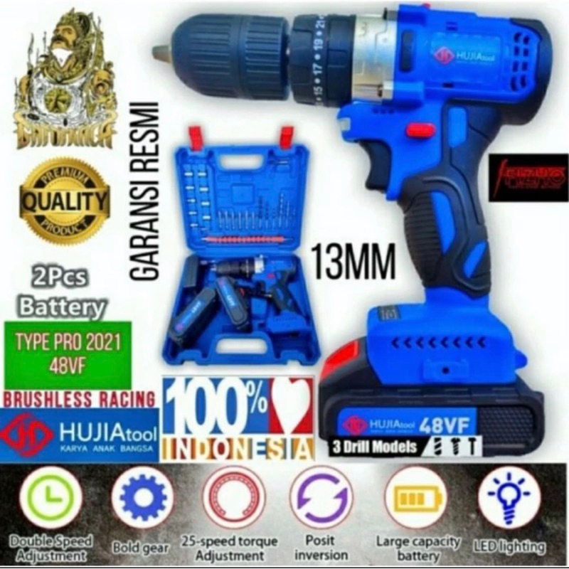 Bor batrei 48v HUJIA PRO-2021 BATERAI 48V CORDLESS BOR BETON IMPACT 13mm BRUSHLESS