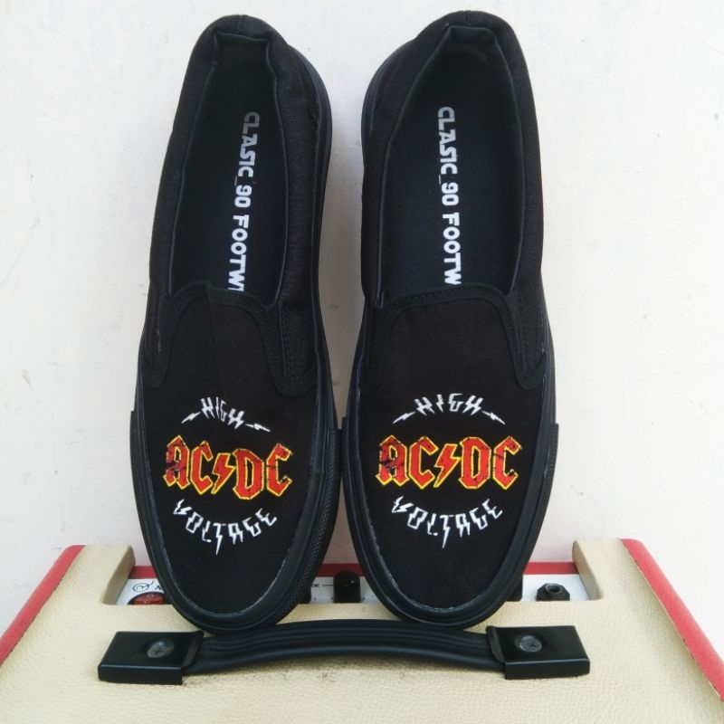 SEPATU SLIP ON AC/DC FULL BLACK [PREMIUM QUALITY