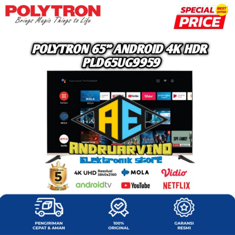 POLYTRON SMART TV ANDROID 4K HDR 65 INCH PLD65UG9959 GARANSI RESMI