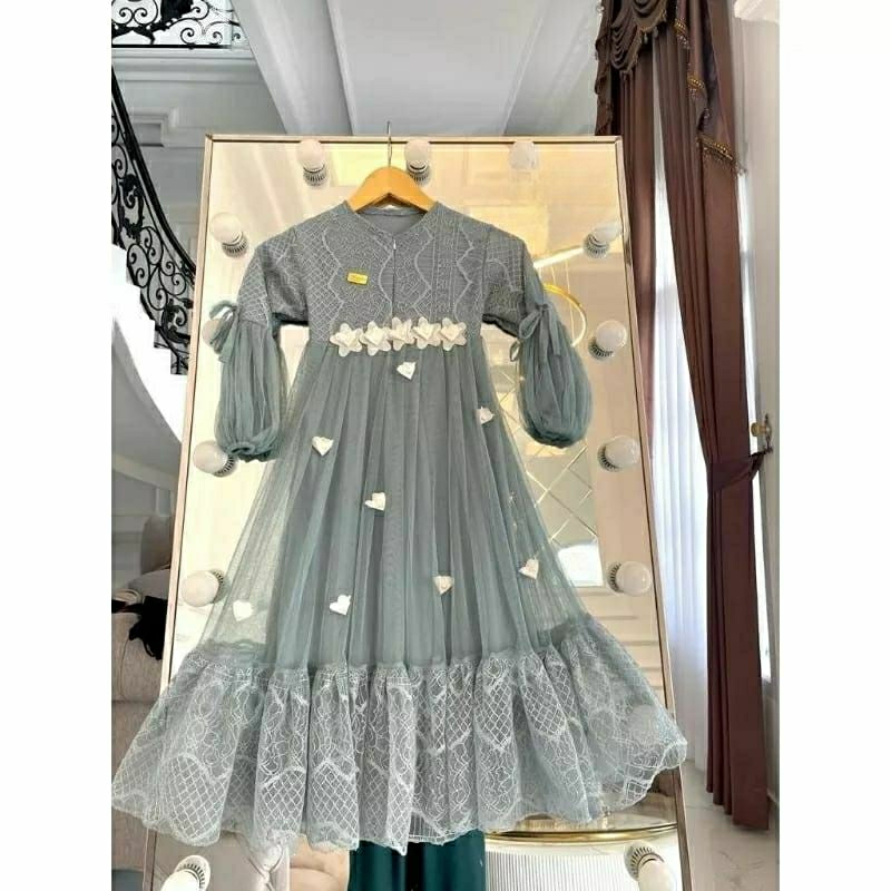 Gamis Pesta Anak Perempuan Motif Bunga Bahan Cerutty Babydol Brukat Mix Tille Usia 3 - 15 Tahun Terb
