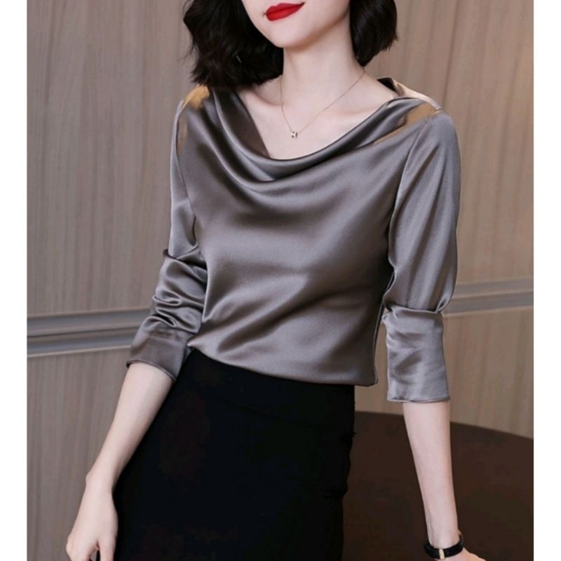 PENELOVA Long Sleeve Cowl Neck Top Blus Lengan Panjang Baru Murah - Baju Atasan Bahan Silk Satin Imp