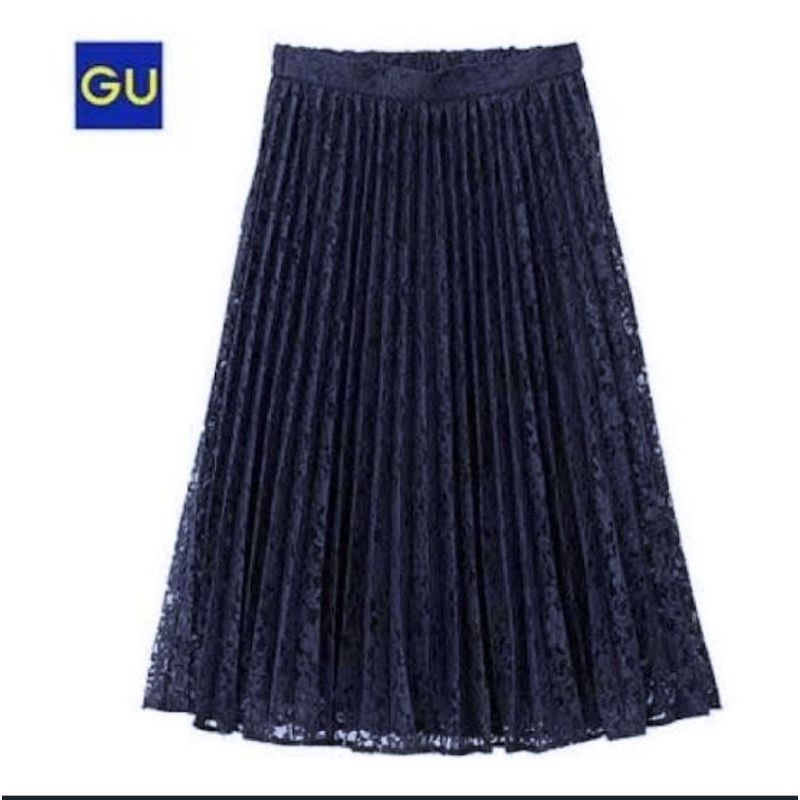 GU MIDI BROKAT FLARE SKIRT NAVY