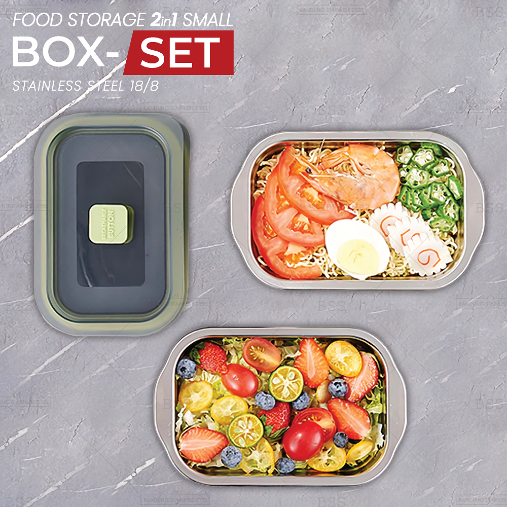 2in1 Food Storage 700ml 1000ml stainless Wadah Makanan Set Tutup Tempat Penyimpanan Kotak Bekal Buah