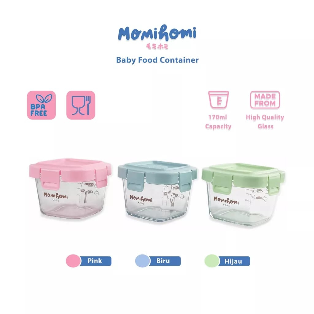 Momi Homi Baby Food Container Glass Tempat Penyimpanan Makanan Bayi Mpasi Food Container Bahan Kaca 170ml Tahan Panas