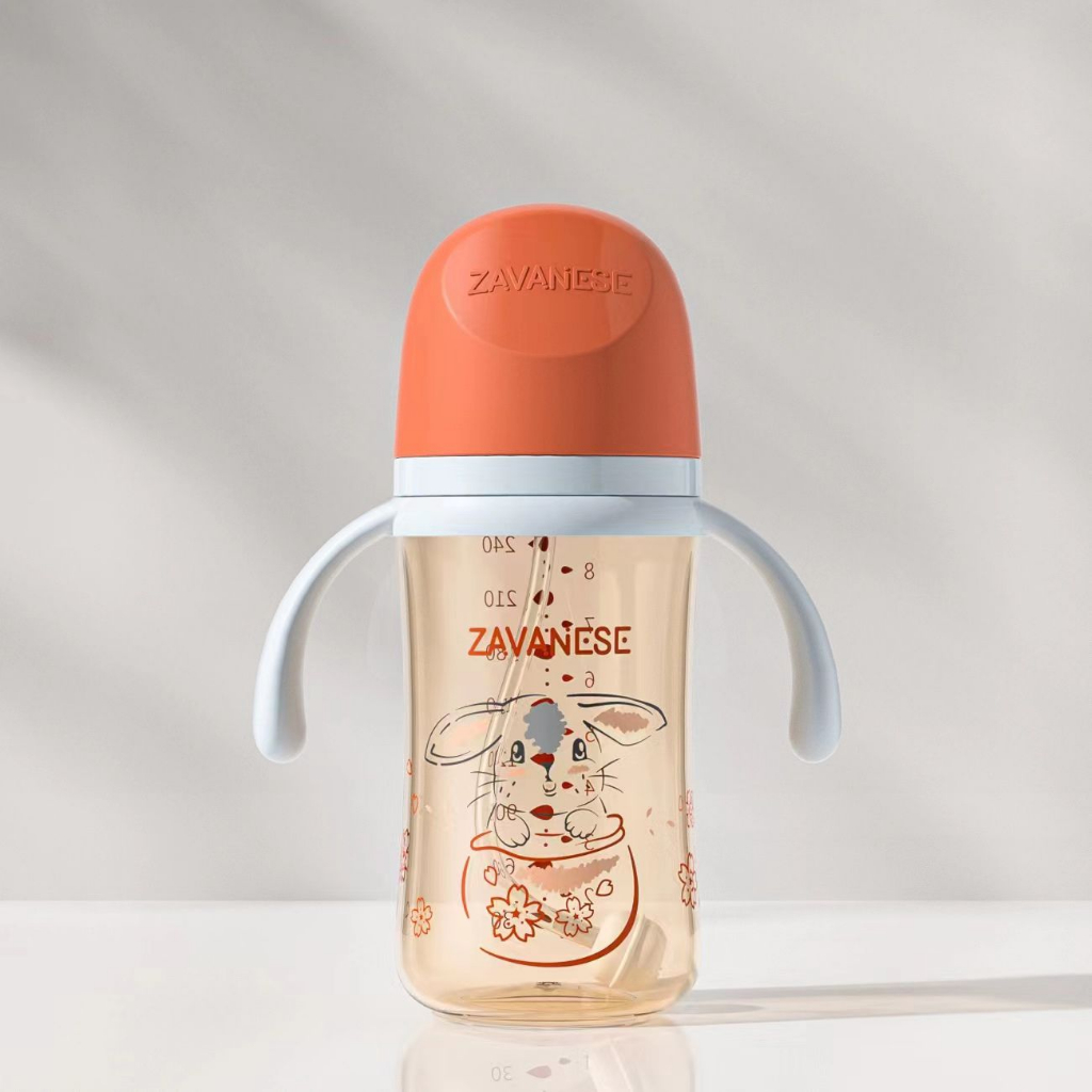 *COD* Botol Minum Bayi Zavanese 2in1& 3in 1 Dot dan Sedotan 240 & 300 ml Training Cup Karakter BPA Free-3IN1 KELINCI ORANGE
