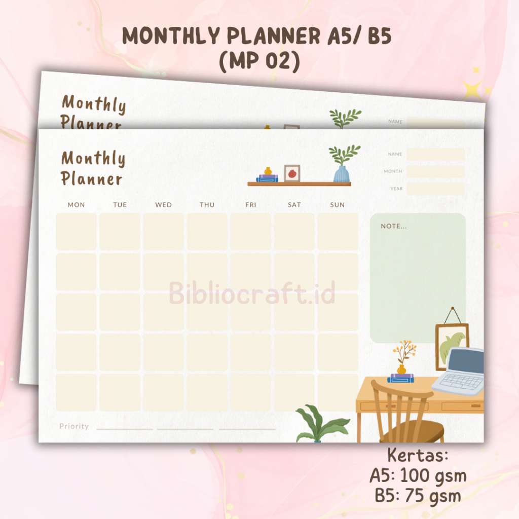 

[MP 02] Loose Leaf Monthly Planner/To Do List - Refill Binder A5 / B5 | 20 holes | 20 Lubang | 26 Holes | 26 Lubang -12 Lembar