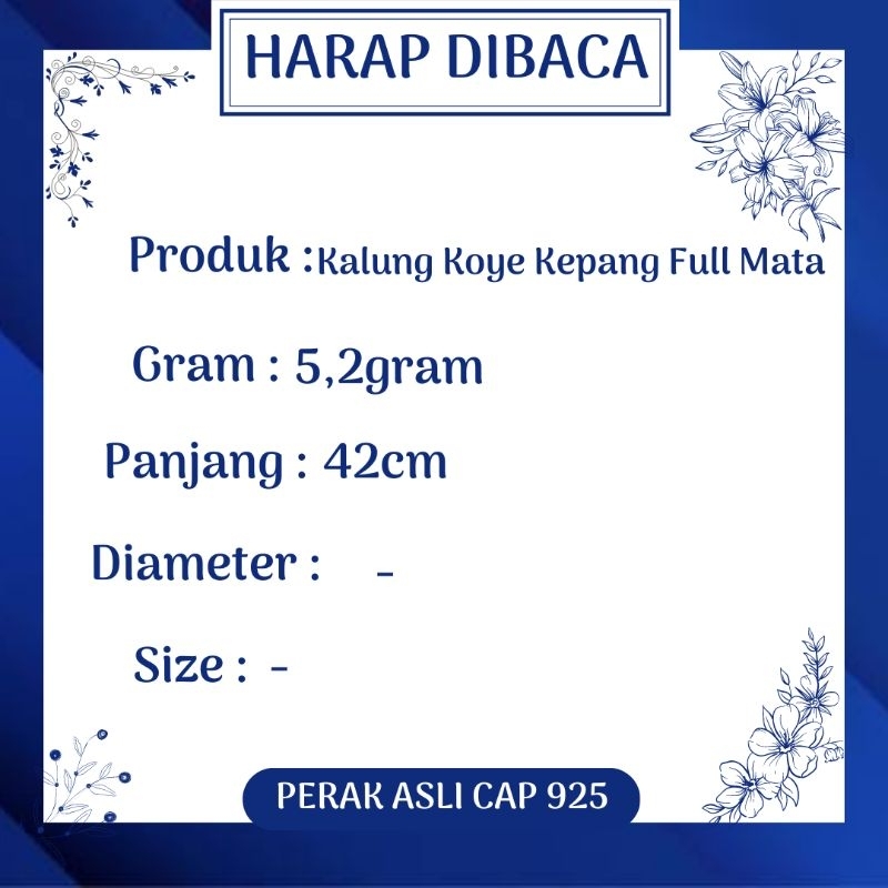 Kalung Koye Kepang Full Mata, Sepuh Emas Putih/Kuning, Perak 926