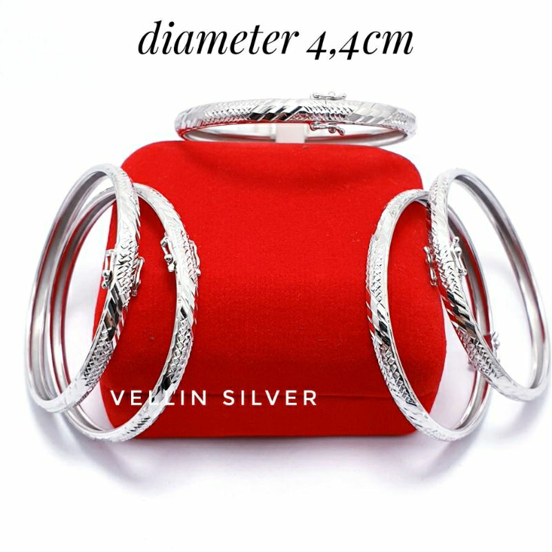 Gelang Perak Anak Bangle 925 Lapis Emas Putih - Gelang Tangan Anak Silver 925 Model Bulat Ukir - GT0