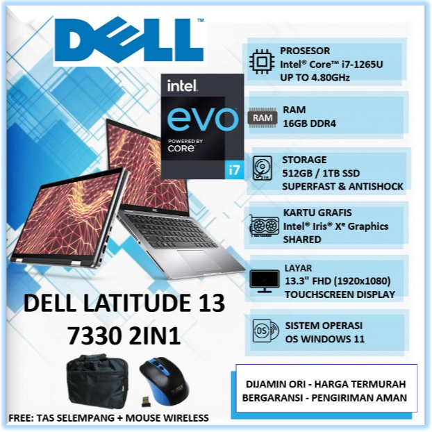 Laptop Baru Touchscreen 2 in 1 Dell Latitude 13 7330 Intel Core i7 Gen 12 Ram 16GB SSD 512GB 13.3" F