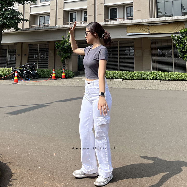 Awsme - HW Cargo Loose Jeans White / Jeans Cargo Wanita Kekinian Warna Putih / Celana Panjang Jeans 