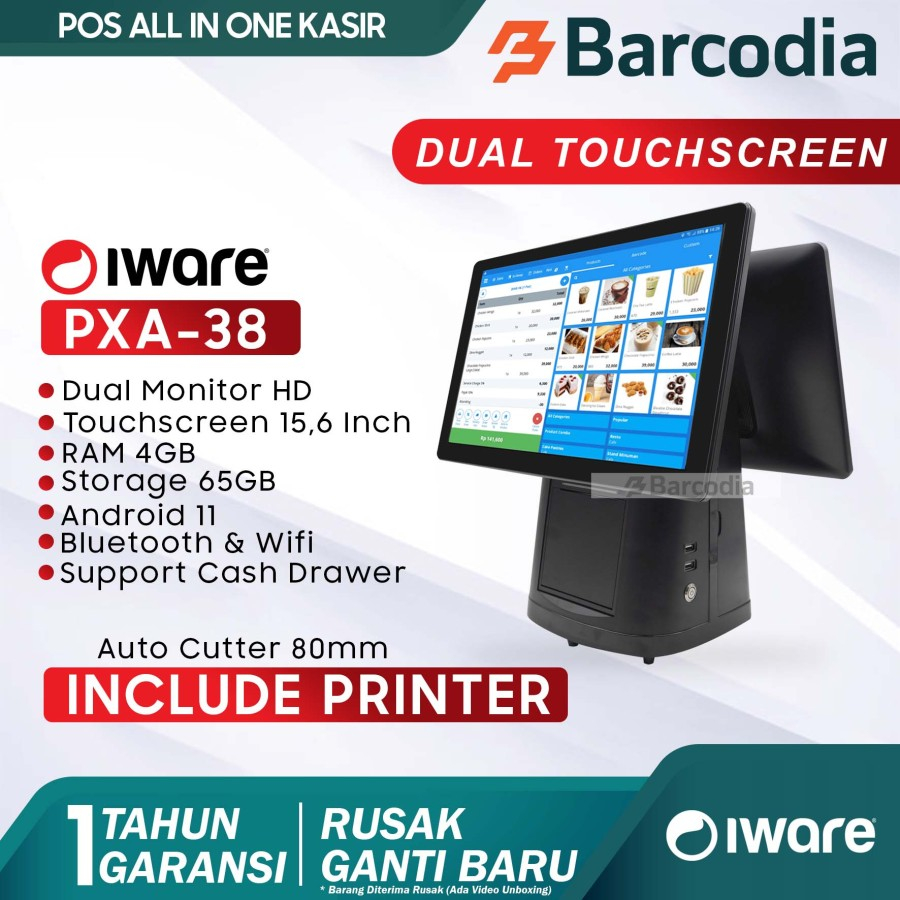 BARCODIA Mesin Kasir Iware PXA38 Android Dual Monitor Display