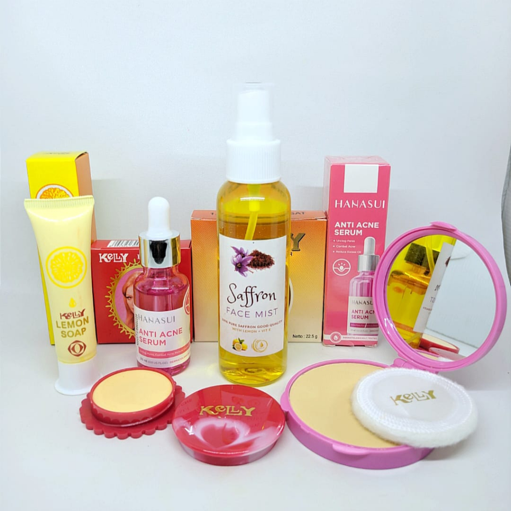 Paket Kelly Kosmetik Lengkap 5in1 Serum Hanasui Anti Acne ( Cream Sabun wajah Bedak Serum Spray )