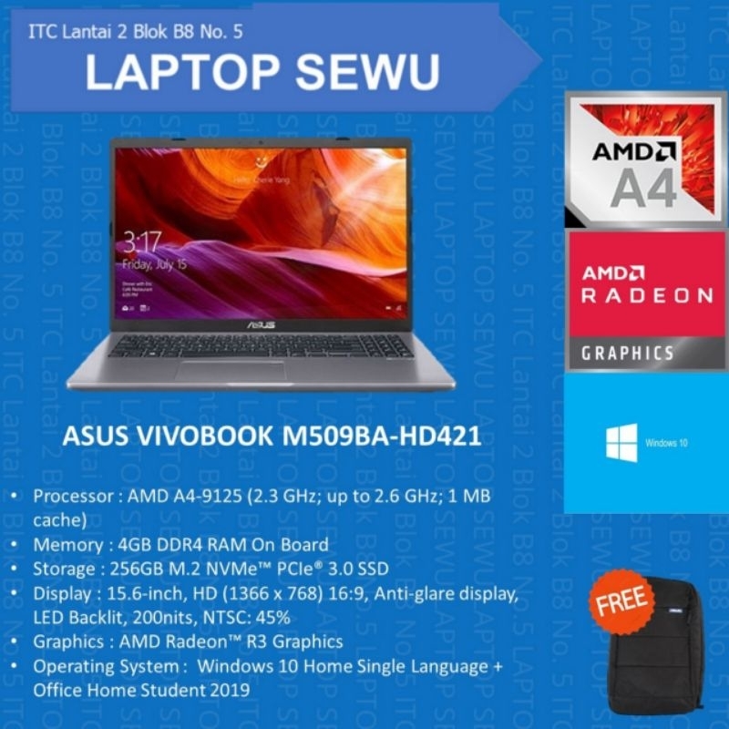 ASUS VIVOBOOK M509BA-HD421 AMD A4-9125 4GB SSD 256GB AMD RADEON WIN 10