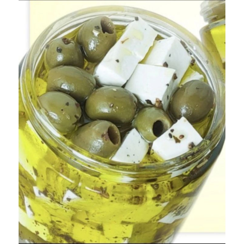 

Feta cheese with Green olive in Olive oil and herbs No suger No salt 125gr