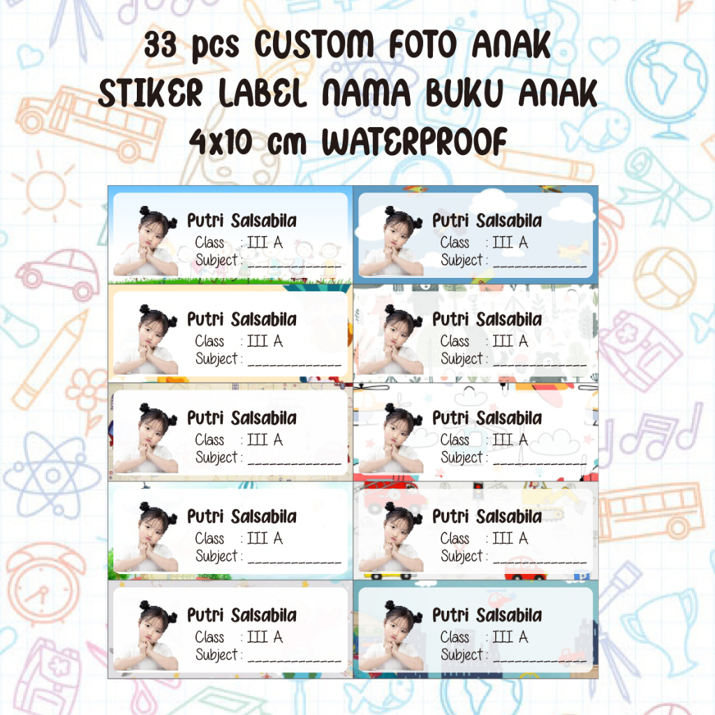 

33 pcs CUSTOM FOTO ANAK STIKER LABEL NAMA BUKU ANAK 4x10 cm WATERPROOF ( GAGA )
