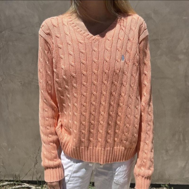 Polo Ralph Lauren Orange V Neck Cable Knit Sweater