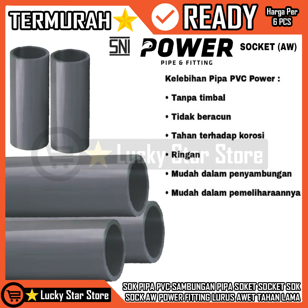 Power Aw Sok Pipa Pvc Sambungan Pipa Per 6 Pcs  2  2½ 3 4 Inch Soket Socket Sok Sock Sambungan Fitti