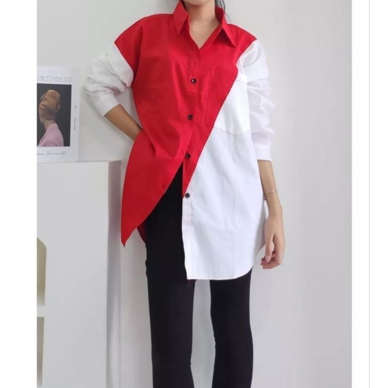kemeja merah putih - kemeja oversize - baju Agustus - baju kemerdekaan - kemeja merah putih - kemeja