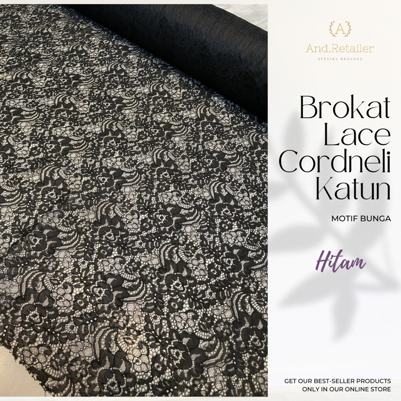 Bahan Kain Brokat Brukat Cordnelly Katun motif Bunga Warna Hitam
