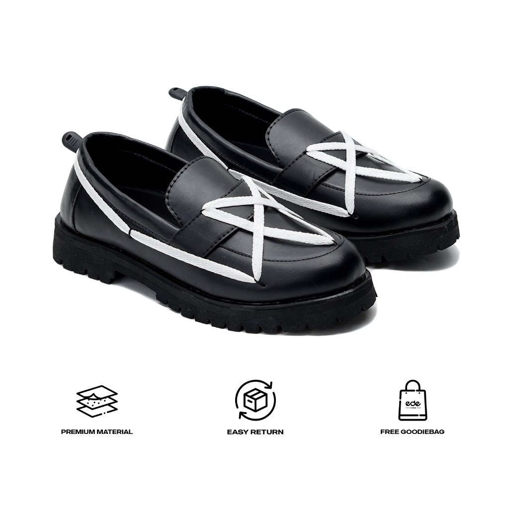 Edefootwear VICTORI - Sepatu Slip on Loafers Kulit Tali Hitam Pria